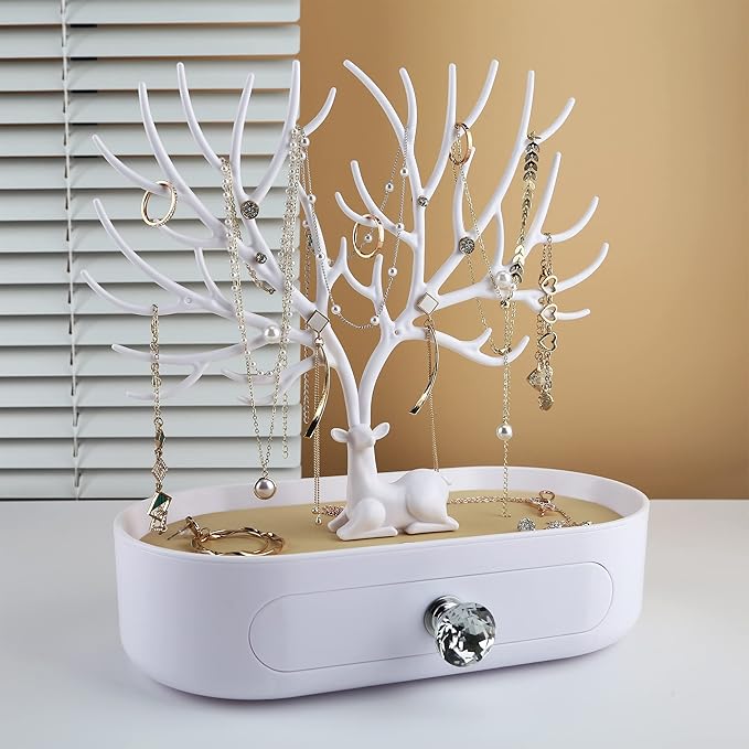 MORE&LESS Antlers Jewelry Display Stand with Drawer and Crystal Handle, Tree Tower Rack Hanging Organizer for Ring Earrings Necklace Bracelet
