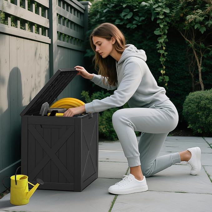 Mars Villa 31 Gallon Barn Style Deck Box, Outdoor Storage Box Waterproof, Lockable Lid, Weatherproof and UV Resistant Resin Storage Bin for Patio Furniture Cushions, Pool Supplies, Garden Tools, Black