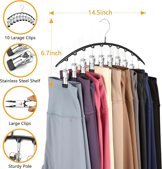 Legging Hangers for Closet Organizer, Hat Hangers for Closet 2 Pack with 10 Clips Holds 20 Leggings, Legging Hanger, Pants Storage Organizer Suitable for Socks, Panties, Underwear, Pants