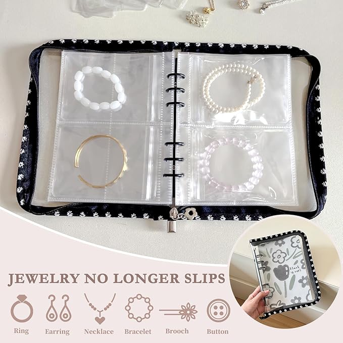 Jewelry Organizer Travel,Jewelry Storage Book with 45 Portable thick PVC pouches,Jewelry Organizer Zipper Bags for Necklaces Bracelet Rings and Earrings (front cover removable),Black