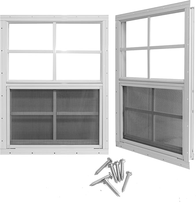 Yuzzy 18" x 27" Shed Windows with Tempered Glass and Fiberglass Screen, 2 Pack Small Sliding Windows for Shed, Chicken Coop, Playhouse, Household, Garage, Barns (White)