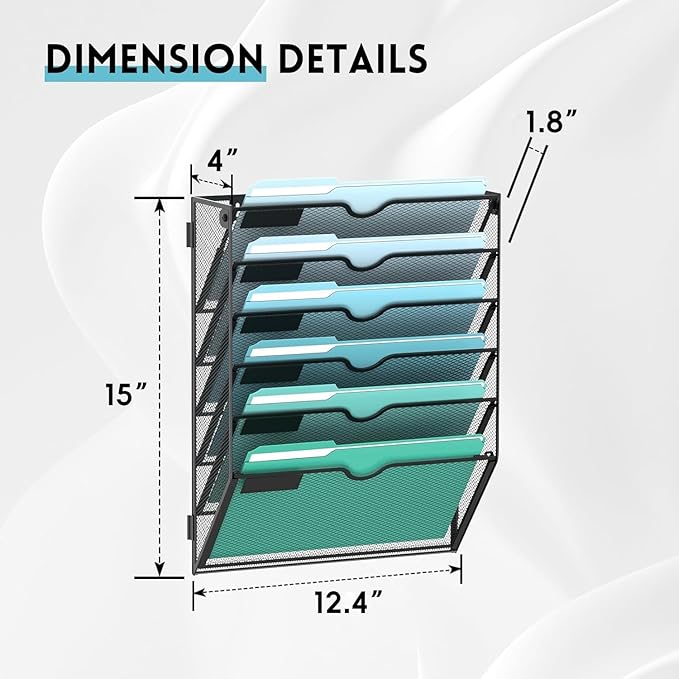 SUPEASY 6-Tier Wall File Organizer, Hanging Wall Files for Papers, Folders, Magazines, Wall Organizer for Clipboard, Assembly Needed, Black