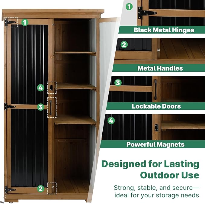 Outdoor Storage Cabinet, Tall Tool Garden Cabinet with Weather-Resistant Roof, Double Lockable Doors, 3 Removable Shelves & Adjustable Feet, for Patio, Garden, Backyard, 32" x 15.5" x 66"