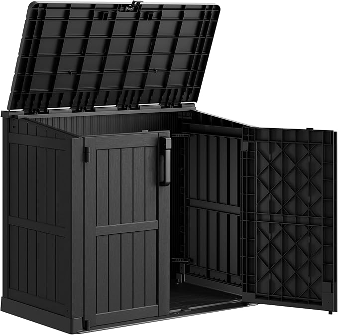 Plastic Outdoor Storage Shed, 36 Cu Ft Waterproof Outdoor Storage Cabinet with Dual Lock Door for Backyard, Patio, Garage, Garden to Store Tools & Accessories, Wood-Grain（Dark Black
