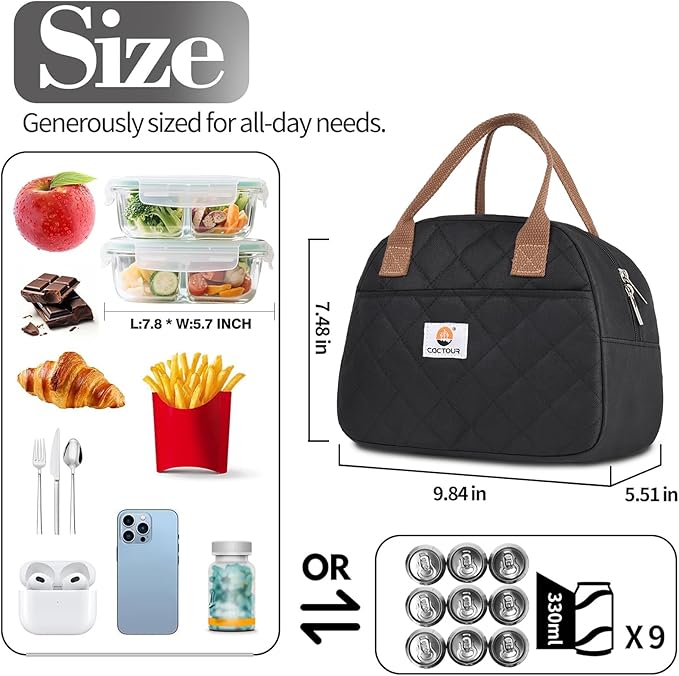 Lunch Bag Women,Insulated Quilted Lunch Bag, Small Portable Cute Lunch Box,Cooler Bag Reusable Lunch Tote for Work/Travel/Picnic (Black)