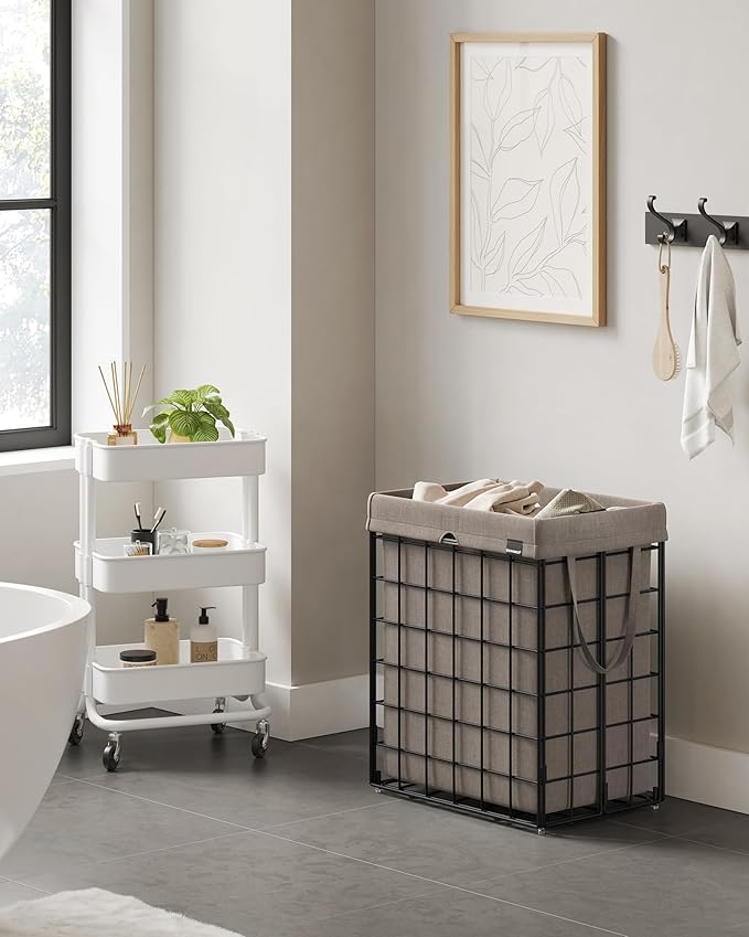 SONGMICS Laundry Hamper, 23.8 Gal. (90L) Laundry Basket, Collapsible Clothes Hamper, Removable and Washable Liner, Metal Wire Frame, for Bedroom Bathroom, Black and Camel Brown ULCB190N01