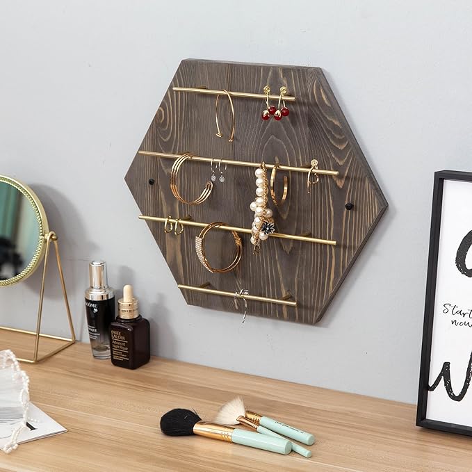 Rustic Style Wall Mount Jewelry Hanger Rack Vintage Back Wood Board 4 Tier Brass Bars Display Holder Necklace Ring Bracelet Ring Earring Watch Organizer Home Boutique Shop Vanity Dresser