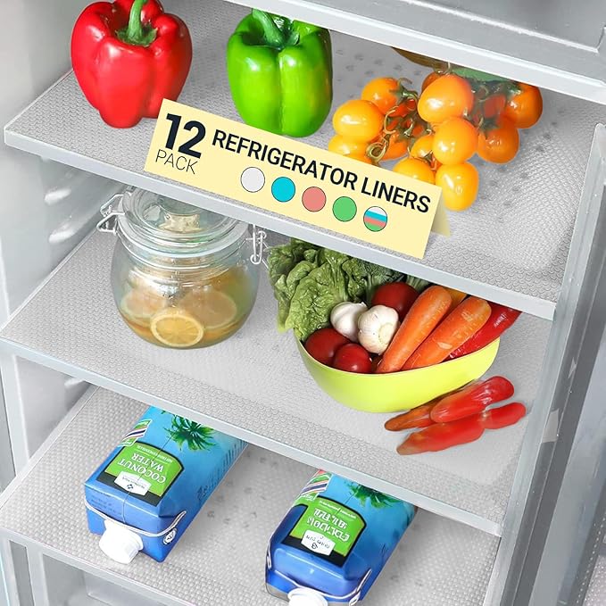 Refrigerator Liners for Shelves (12 Pack) by Linda’s Essentials - Non-Adhesive Shelf or Drawer Liner, BPA-Free Fridge Mats for Kitchen & Cabinets, Easy to Clean, Ideal Household Essentials (Clear)