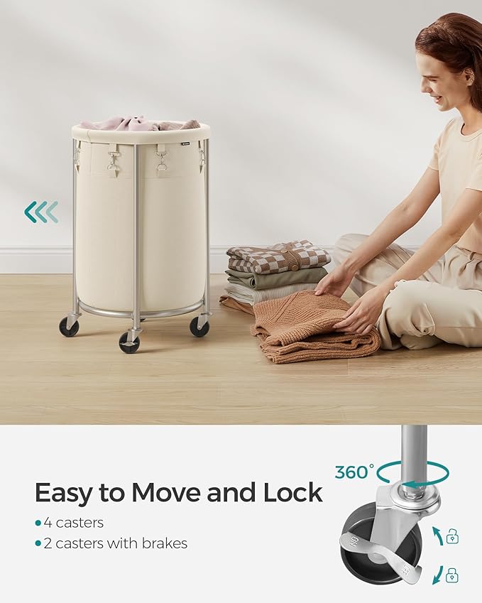 SONGMICS 18.5-Gallon (70 L) Laundry Basket with Wheels, Rolling Round Heavy-Duty Laundry Hamper Cart with Steel Frame and Removable Bag, 2 Locking Wheels, Cream White and Metallic Silver URLS006W01