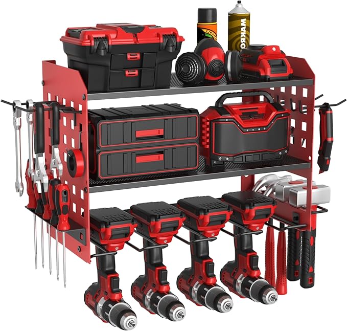 Power Tool Organizer, Heavy Duty Wall Mount Tool Organizer 3 Layers with 4 Drill Holders, Garage Tools Storage Rack with 2 Side Pegboards and Hooks for Workshop, Shed, Red
