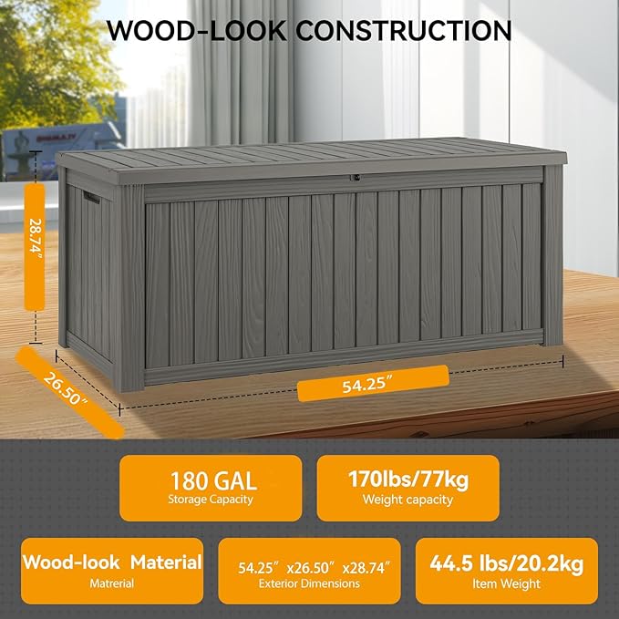 180 Gallon Outdoor Storage Box, Resin Deck Boxes Outdoor Waterproof For Patio Furniture, Garden Tools, Pool Supplies, Lockable And UV Resistant (Striped Gray)