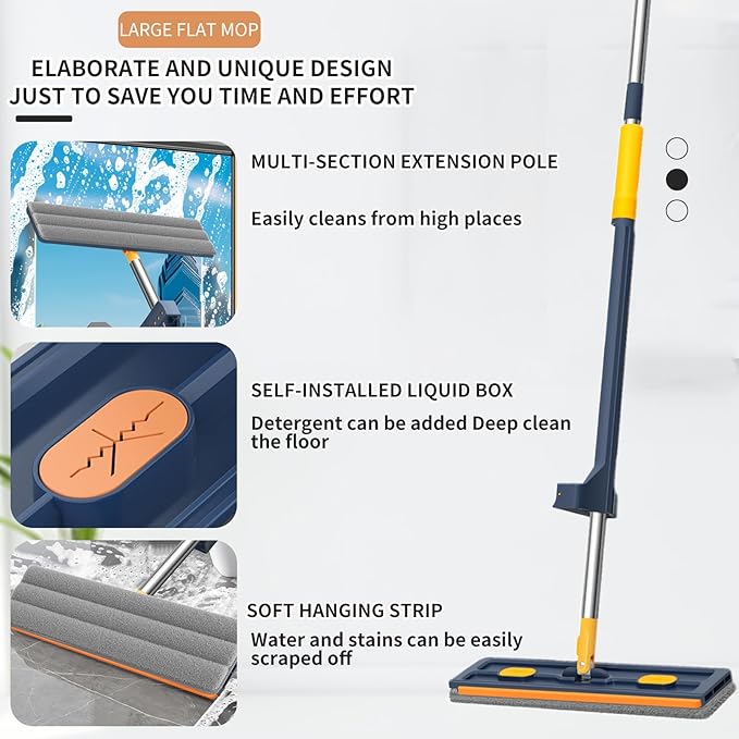 2025 New Large Flat Mop with 6 Reusable Mop Head Dry and Wet, Flat Mop and Bucket Set, Adjustable Handle Self Wringing Flat Mops, 360 Rotation Flat Mop (Blue with 6pcs Mop Head)