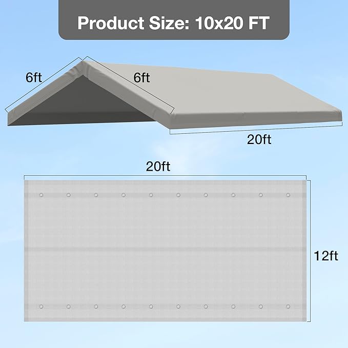 10x20 FT Carport Replacement Canopy Top Upgraded Car Port Canopy Cover for Carport Party Tent Waterproof & UV Protected, Easy Installation with Ball Bungees, Grey (Top Cover Only, Frame Not Included)