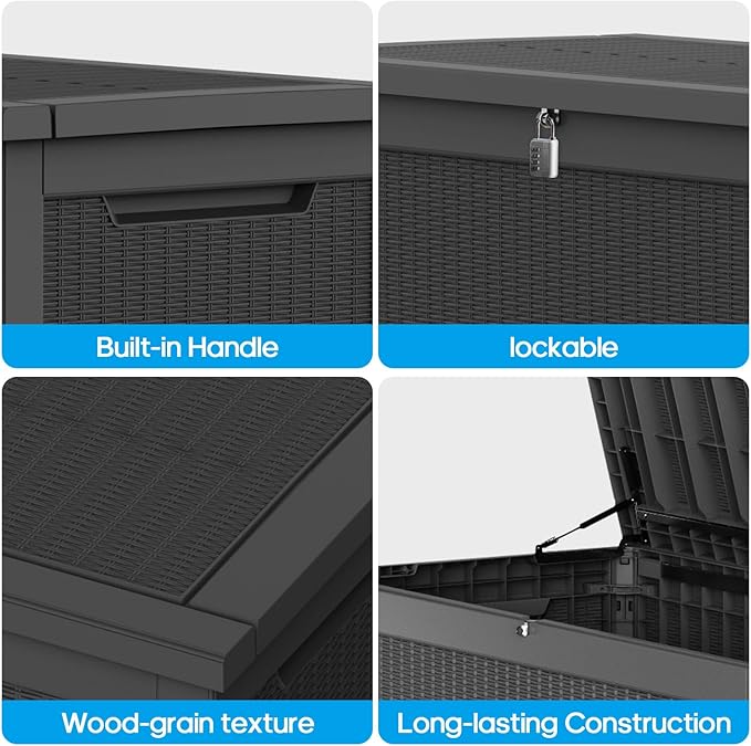 320 Gallon Outdoor Deck Box,Waterproof Resin Outdoor Storage Boxes, Outside Storage Lockable Container for Garden Tools,Indooor Cushions,Accessories (Black)