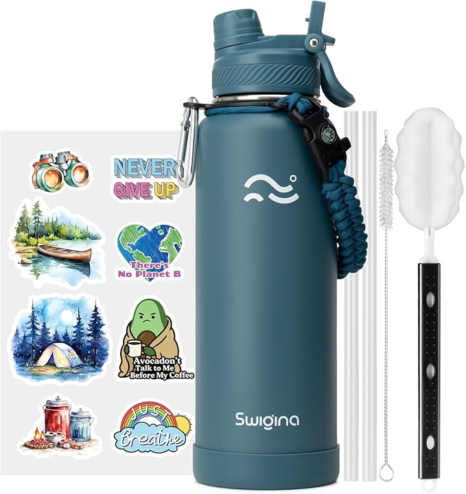 [2-IN-1 LID] Insulated Water Bottle with Silicone Boot (36hrs Cold/18hrs Hot) - DIY Stickers, Leakproof, BPA Free, 40 oz