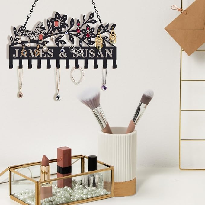 Personalized Wall Mounted Metal Earring Holder Custom Hanging Jewelry Organizer for Earrings and Necklaces Space Saving Wall Mounted Display Shelf with Hooks Valentine's Day Gifts