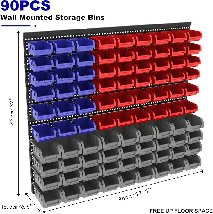 Wall-Mounted Garage Storage Bins, Parts Rack System, Plastic Hanging & Stackable Organizers, Hardware & Tool Storage for Workshop, Craft Room, School & Shop, 90PCS