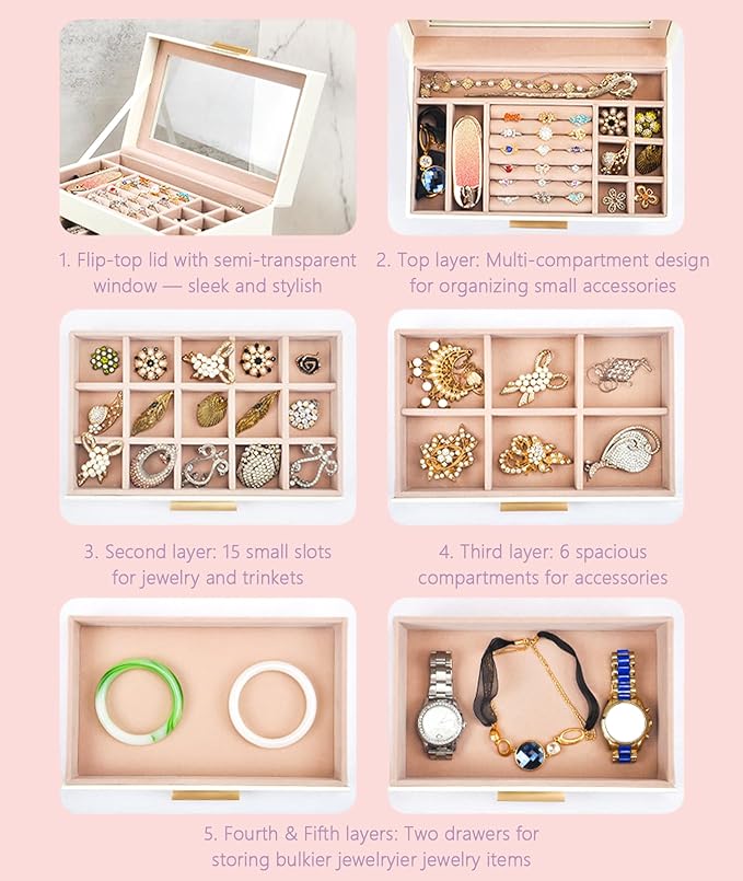 5 Layer Jewelry Box for Women, Glass Lid Jewelry Organizer with 5 Drawers for Necklaces Rings Earrings Bracelets - White (Pearl White)