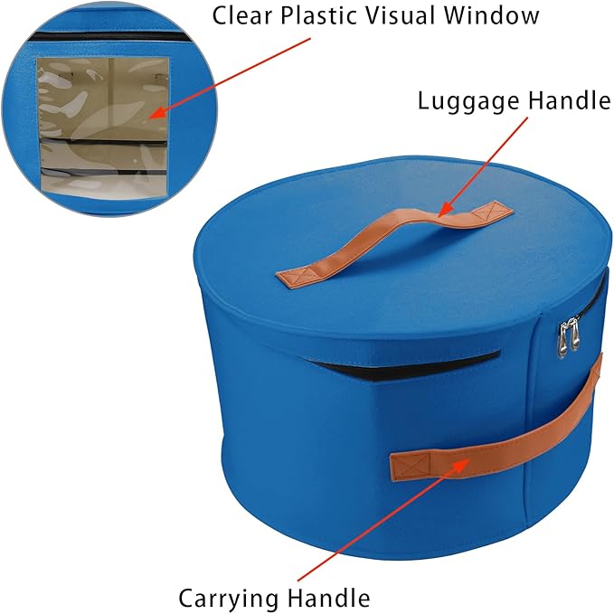 Large Hat Storage Box for Women & Men, 16" D x 10" H Hat Box Organizer，Foldable Round Travel Hat Boxes with Dustproof Lid, Stuffed Toy Storage Bin Bag (Ultramarine Blue)