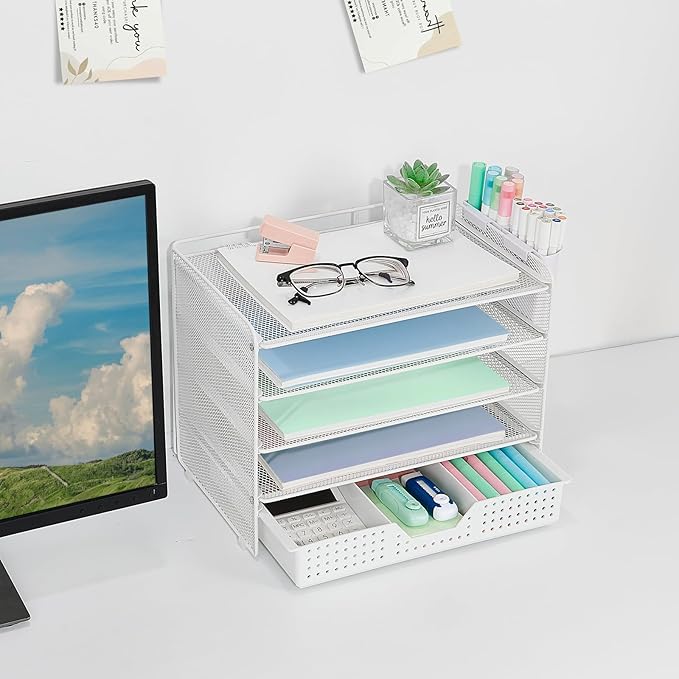 Desk Organizer and Accessories, 5-Tier Paper Letter Tray Organizer with Drawer & 2 Pen Holders for Desktop File Organization, Office Desk Accessories for Supplies Storage (White)