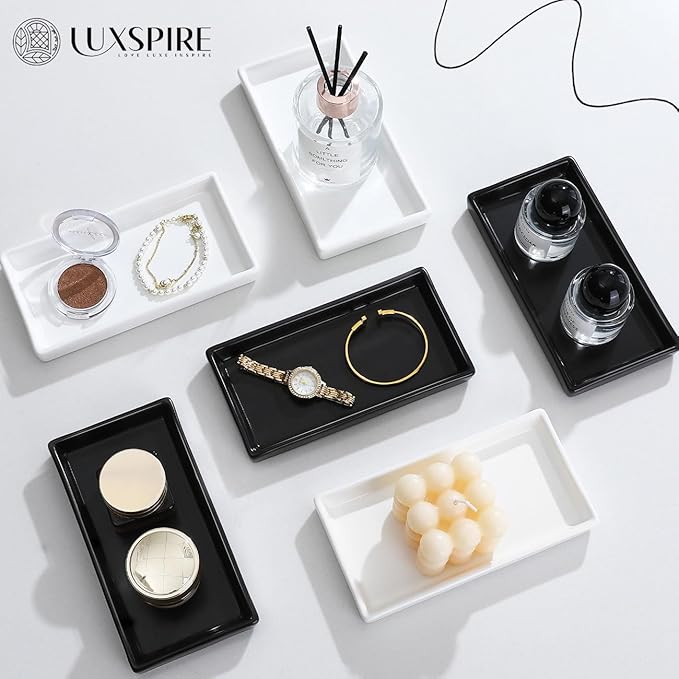 Luxspire Bathroom Vanity Tray, Mini Soap Dispenser, Small Ceramic Perfume and Jewelry Dish, Trinket Holder, Rectangle Candle Tray, Bath Organizer Kitchen Sink Narrow Dish, White
