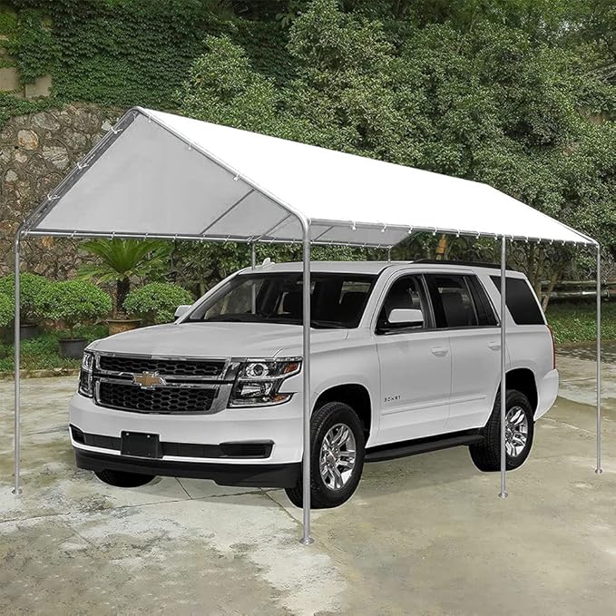 10'x20' Carport Replacement Canopy Cover for Top Tent Shelter Tarp with Ball Bungees White (Only Top Cover, Frame is not Included)