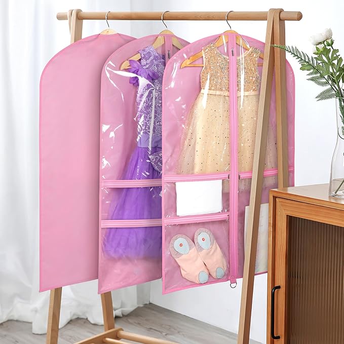 Univivi Garment Bags for Dance Costumes for Hanging Clothes, 40 Inch Breathable Dance Competition Garment Bag With 3 Medium Clear Zipper Pockets for Kids (Pink) - 8 Pack