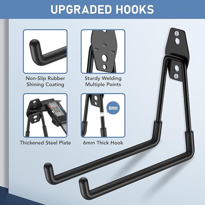 42 Pack Garage Hooks Heavy Duty, Rust-Resistant Solid Steel Wall Mount Hangers for Hanging Ladders & Bikes, Non-Slip PVC Coating Tool Organizer, 5 Sizes U & J Shapes + 6 Straps