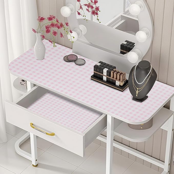 Beautysaid Shelf and Drawer Liner for Kitchen Cabinet, Non Adhesive Non Slip Shelf Paper Waterproof Washable Thickened for Dresser Pantry Shelve Bathroom Protector Liner(Pink Checkered,18 in x 10 FT)