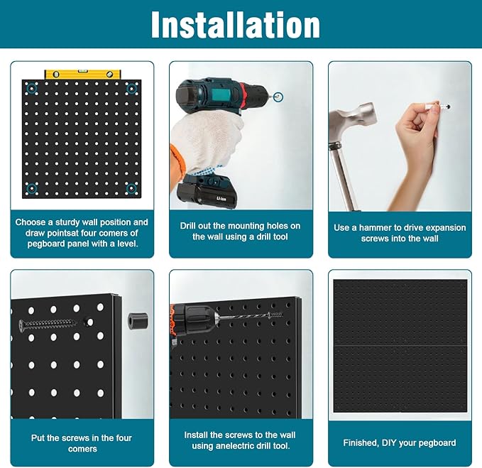 Peg Board,Steel Organization Panels, Ideal for Garage Tool Storage, Office Organization, Craft Room, Kitchen,Pack of 6(Black, 6-12X12)