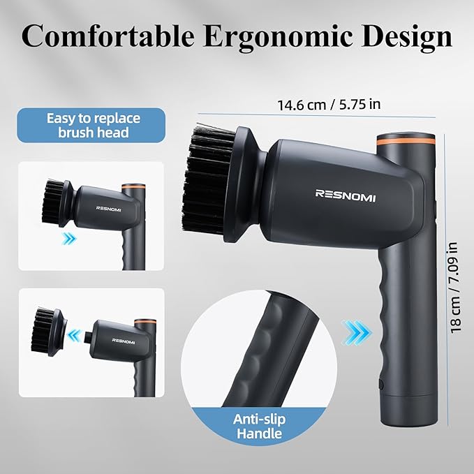 Electric Spin Scrubber, Bathroom Shower Scrubber with LCD Display, 2 Speeds Electric Scrubber for Cleaning with 6 Replaceable Heads, 4-Hour Runtime‌, Cleaning Brush for Kitchen/Car, Gray-Black