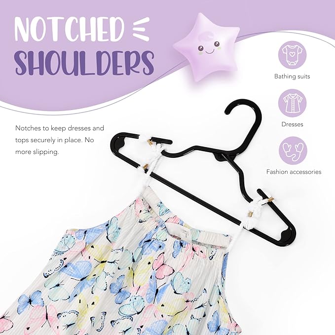 HOUSE DAY Plastic Baby Hangers for Closet 60 Pack, Durable Plastic Kids Hangers for Baby Clothes, Thin & Compact Childrens Hangers, Space Saving Black Baby Hanger, Small Hanger for Kids Clothes