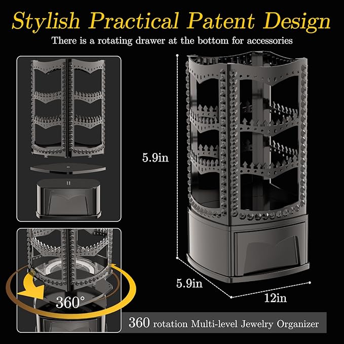 Hanging Jewelry Organizer with 10 Silver Polishing Cloths, Jewelry Holder with 156 Holes and 160 Grooves for Earring, Necklaces, Bracelet with Rotating Hanger, Easy Assembly (Black)