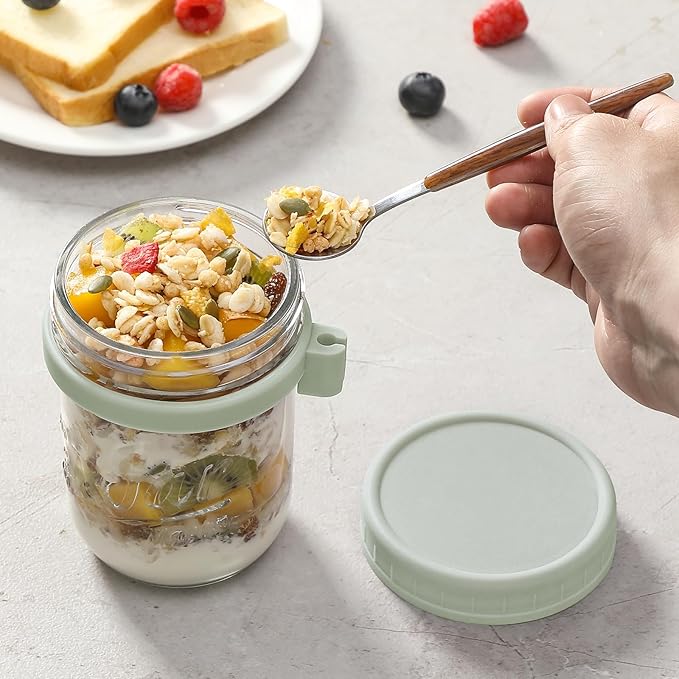 6 Pack Overnight Oats Containers with Lids and Spoons, 16 oz Glass Mason Overnight Oats Jars, Large Capacity Airtight Jars for Milk, Cereal, Fruit(Green)