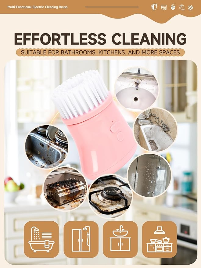Electric Dish Washing Brush, Small Handheld Power Scrubber, Pink Cordless Cleaning Brushes kit, Gift for Woman, for Kitchen cleanup, Dishes/Plates/Sink, IP66 Waterproof Household Cleaning Supplies