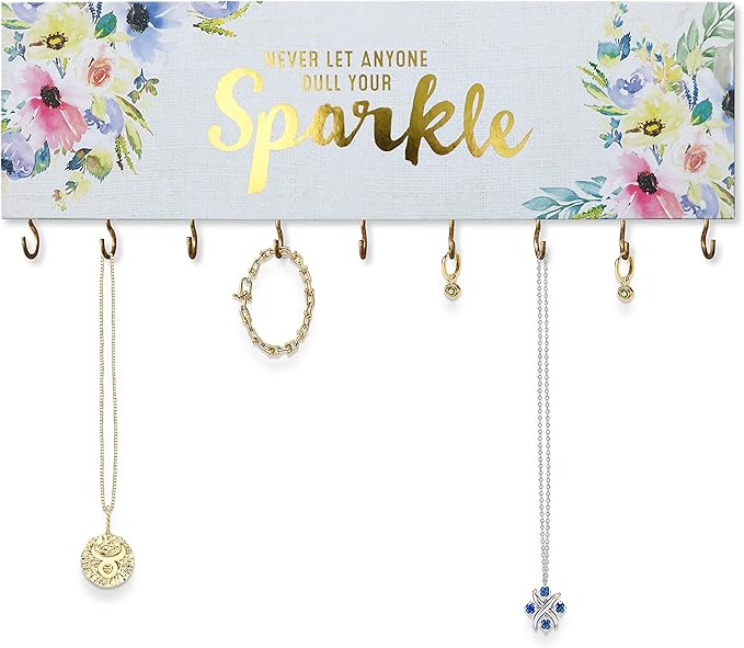 SANY DAYO HOME Never Let Along Dull Your Sparkle Wall Mount Necklace Holder Organizer with 9 Jewelry Hooks for Ring, Hair Bow, Headband, Purse - Wall Decor for Girls Room