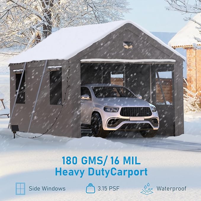 Carports Canopy 10x20 Heavy Duty, Portable Car Port Garage with Roll Up Drive Through Doors, Grey