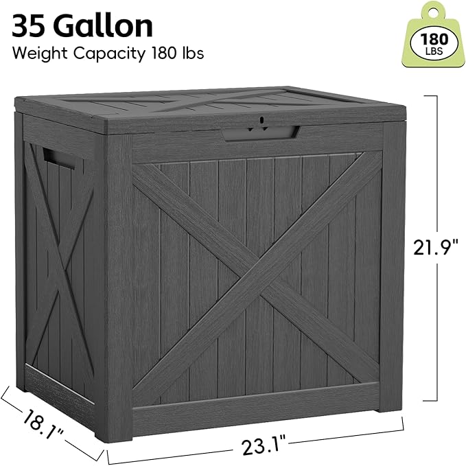 Outdoor Storage Box, Deck Box Waterproof 35 Gallon, Resin Outside Storage, Storage Bin for Package Delivery, Patio Furniture Cushion, Pool Accessories, Weatherproof and UV Resistant, Black, Barn Style