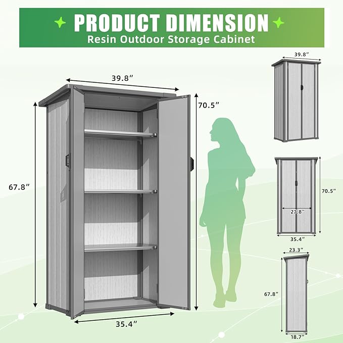 U-MAX Resin Outdoor Storage Cabinet Waterproof with Adjustable Shelves, Vertical Tall Plastic Storage Shed with Reinforced Floor, All Weather Sheds & Outdoor Storage Clearance with Base for Outside