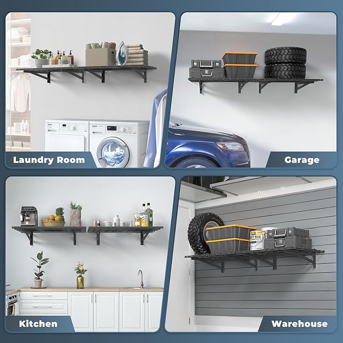 2 Pack Heavy Duty Garage Wall Shelving Set (2x3ft), Wall Mounted Garage Shelves 700lbs Capacity, 24"x72" Wall Shelf Storage Rack Floating Shelves, Black