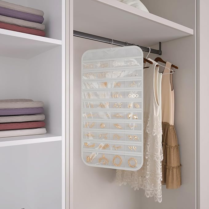 1 Pack Hanging Jewelry Organizer 80-Pocket Dual-sided Jewelry Storage for Earring Necklace Bracelet Ring Travel Holder, White
