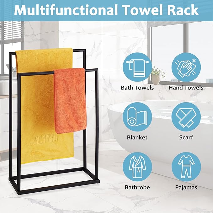 Free Standing Towel Rack, 2 Tier Towel Racks for Bathroom with Storage Shelves, Modern Outdoor Standing Towel Drying Rack for Poolside, Black Blanket Rack Holder, DECLUTTR