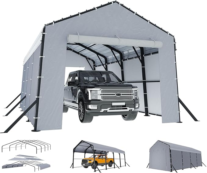 Jocisland 12x20x10.5 FT Heavy Duty Metal Carport, All-Weather Car Canopy with Waterproof Removable Sidewalls, Galvanized Steel Roof & Reinforced Base, Car Shelter for Cars, Boats, Trucks