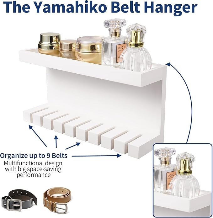 Belt Storage Organizer With Double Shelving Platform, Wall Mount Hanger Rack for Closet, Universal Holder for Men and Women, White