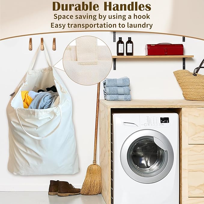 Canvas Laundry Bag 33"Wx 35"H, Thick Canvas Laundry Bag with Handles & Drawstring, Extra Large Heavy Duty Washable Basket Liner Hamper Liner Storage Sack (Beige XL, 1 Pack)