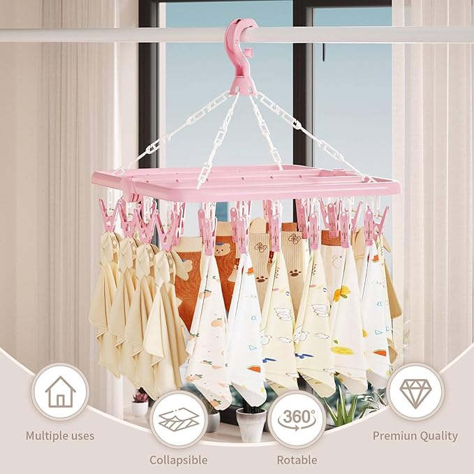 Clothes Drying Rack with 32 Clips, Foldable Hanging Rack, 360° Rotatable Hook for Drying Socks Baby Clothes Towels Gloves(Light Green)