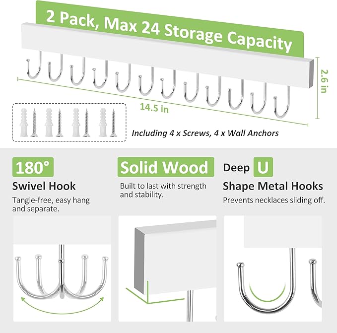 2 Pack Necklace Holder Wall Mounted, Hanging Jewelry Organizer with 24 Hooks Wooden Wall Necklace Hanger for Jewelry Storage, White