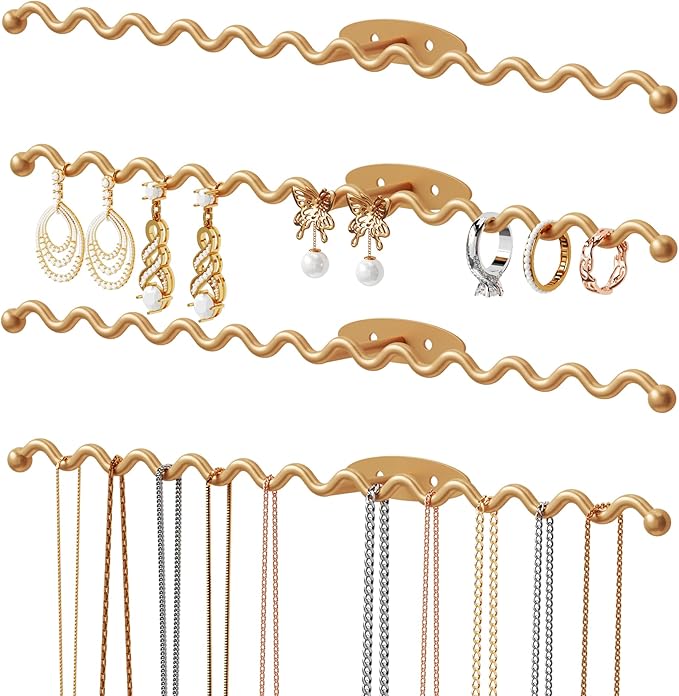 NiHome Wall Mounted Metal Jewelry Organizer Racks for Necklaces, Earrings, Bracelets, Rings, Decorative Display Wave Design Storage Holders for Bedroom, Bathroom, Kitchen, Entryway (4-Pack, Gold)