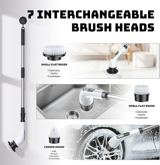 Electric Spin Scrubber, Powerful 2-Speed Cleaning Brush, IPX7 Waterproof with 7 Reusable Brush Heads & Extendable Handle, for Bathroom Toilet Shower Kitchen Wall Tile Floor Grout (White)