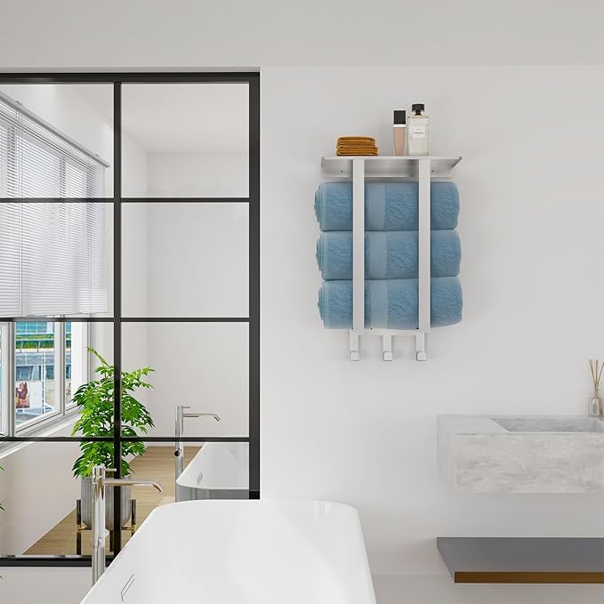 Towel Racks for Bathroom, BETHOM Towel Rack Wall Mounted with Shelf and 3 Hooks, Towel Storage for Small Bathroom for Rolled Bath Towels, Brushed Nickel